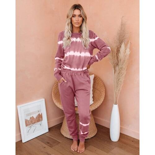 Hot Selling Europe and America Long Sleeve Pajamas Womens 2020 New Style Loose-Fit Tie-dye Gradient Stripes Comfortable Womens