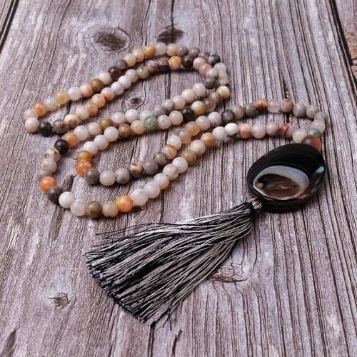 Fashion Bohemian Jewelry Semi Precious Stones Long Knotted Matching Stone Pendant Tassel Necklaces For Women