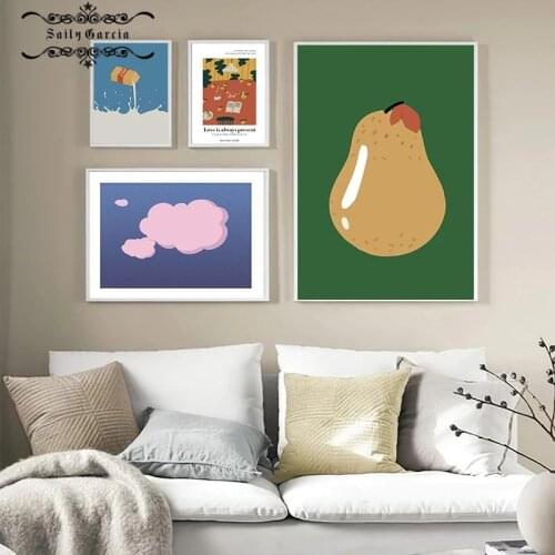 Cartoon Funny Minimalist Illustration Pear Fruit Food Milk Poster Kitchen Wall Art Canvas Painting Picture for Dining Room Decor