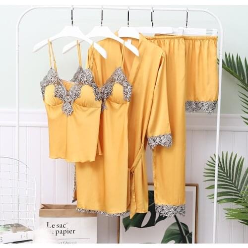 New 5PCS Women Pajamas Sets with Pants Ladies Nightgown Bathrobe Sexy Pyjamas Silk Homewear Negligee Sleepwear Pyjamas Clothing