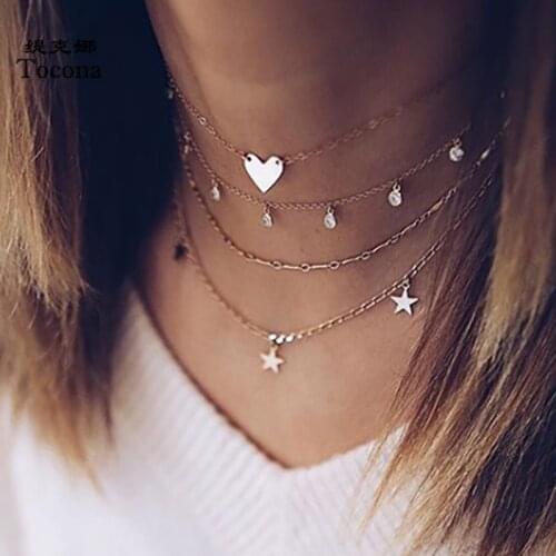 Tocona Boho Heart Chain Chocker Necklace for Women Water Drop Crystal Stone Star Exquisite Multilayer Necklace Jewelry 8987