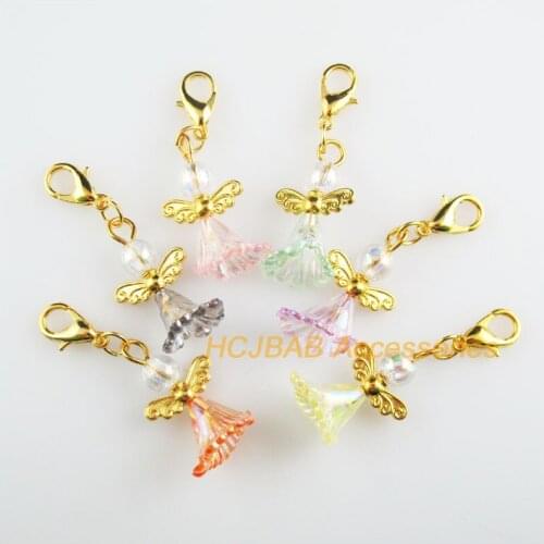 12 New Angel 14x24mm Charms Mixed Flower Acrylic Gold Color Retro With Lobster Claw Clasps