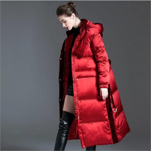 Slim Ladies Red Down Jackets Outwear With Hood White Duck Jackets Women’s Thicken Mid-Long Warm Winter Coats Female Overcoat
