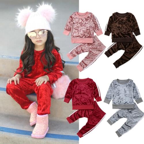 Pudcoco Autumn Winter Velvet Kids Baby Girls Clothes Sets Solid Long Sleeve T-shirt Tops + Pants 2PCS Outfit Sets Gray Pink 1-5T