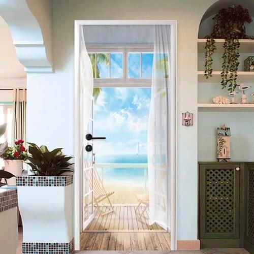 Pvc Self-Adhesive Waterproof Door Sticker Modern Seascape Outside Mural Wallpaper Living Room Bedroom Door Poster 3D Home Decor