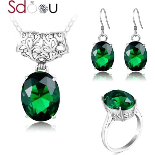 SDOOU Real Silver 925 Jewelry Set Trendy Green Emerald Oval Big Gemstone Sterling Silver Ring Earring Pendant Bridal Jewelry Set