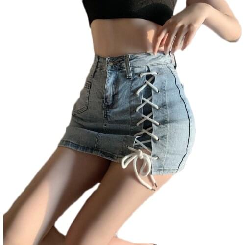 Sexy Short Bandage Denim Skirt Female 2021 New Summer Net Red Tight High Waist Bag Hip Skirt Women Nigh Club Skirts NS2531