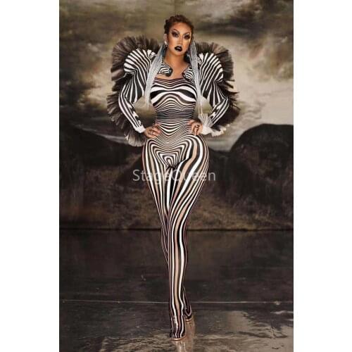 Sexy Stage Zebra Pattern Jumpsuit Women Singer Sexy Stage Outfit Bar DS Dance Cosplay Bodysuit Costume Prom Costume
