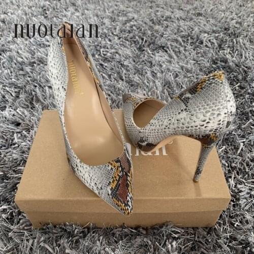 Big Size 35-42 Stiletto Heels Women Pumps Snake Printing Leather Shoes Women Shallow High Thin Heels 2019 Party Wedding Shoes