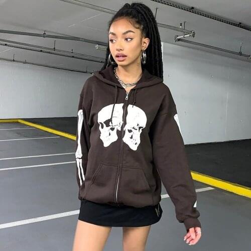 Skull Printed Gothic Autumn Fashion Hoodies Womens Grunge Aesthetic Loose Zip Up Sweatshirts 90s Streetwear Brown Top