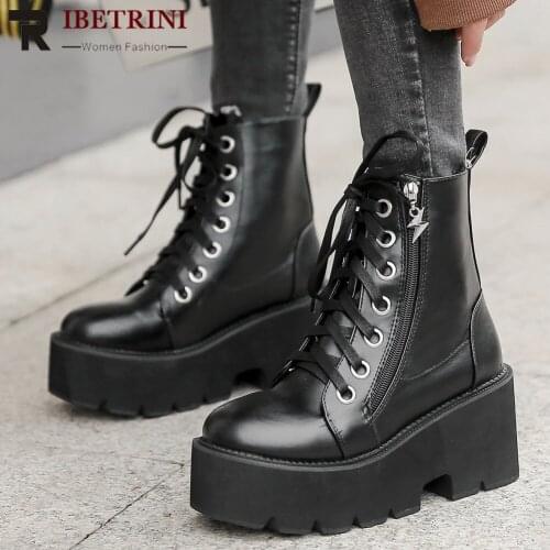 Female Motorcycle Boots For Women Autumn Platform Chunky Heel Lace Up Zipper Disign Goth Fashion womens Shoes Brand New
