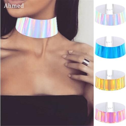 Ahmed Fashion Jewelry Gothic Colorful Laser Charm PU Leather Choker Necklace For Women Sex Charm Punk Collar Bijoux Femme