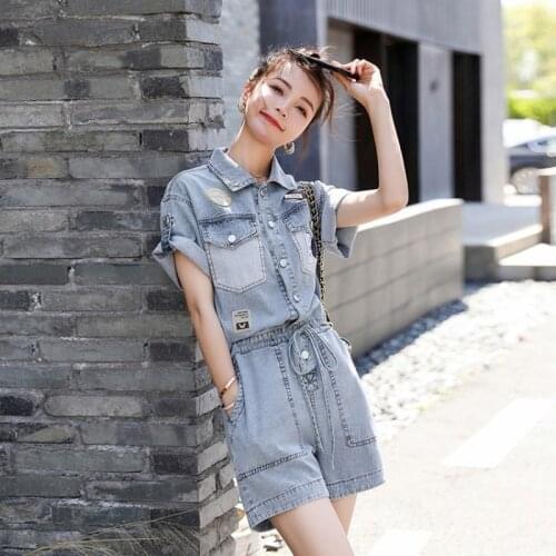 Fashion Short Jean Jumpsuit Women Rompers Summer Sweet Short Sleeve Denim Overalls Multi-Pockets Single Breasted Casual Shorts