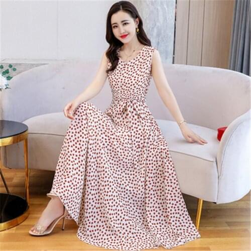2020 summer new temperament lady chiffon sleeveless floral slimming big swing dress waist long beach Vestidos