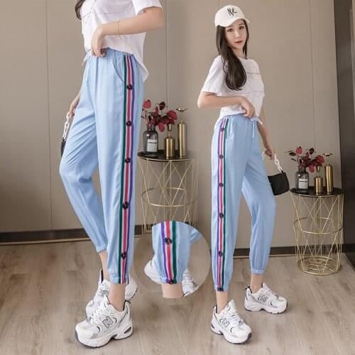 2021 Korean Version Ice Silk Denim Cool Nine Point Casual Elastic Waist Ladies Pants Embroidery Women Trousers Floral Blue