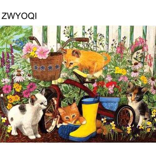 5DDIY Diamond embroidery Cross stitch Full Round Diamond painting cat rainboots Full Square Diamond mosaic cat rainboots bicycle