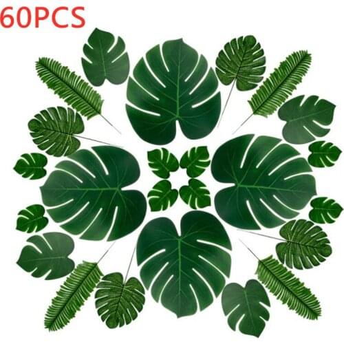 60 Pcs 6 Kinds Monstera Artificial Palm Leaves Tropical Plant Faux Stems Hawaiian Party Decorations Jungle Beach Theme Table