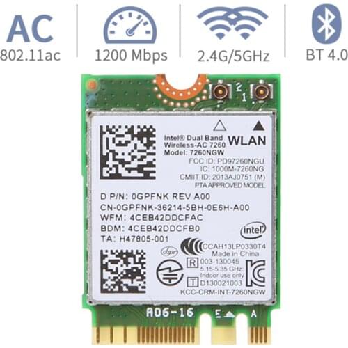 7260NGW WLAN Card 802.11AC NGFF/M.2 Wifi+Bluetooth Replacement Accessory