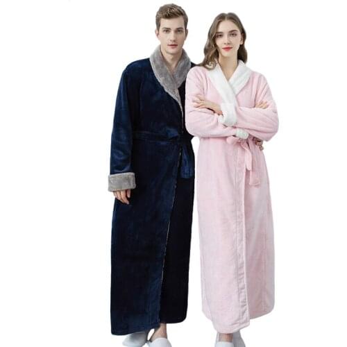 Coral Velvet Bathrobe Women Winter Plush Lengthened Shawl Bath Robe Men Home Clothes Long Sleeves Warm Robes Coat Peignoir Femme