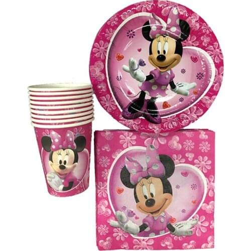 32pcs/lot Minnie Mouse party theme paper plate cup Disposable tableware for baby girl one year old birthday party cake decor