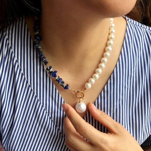 KMVEXO Vintage Natural Stone Toggle Clasp Necklace for Women Girls Imitation Pearl Asymmetric Chains Necklaces Bohemian Jewelry