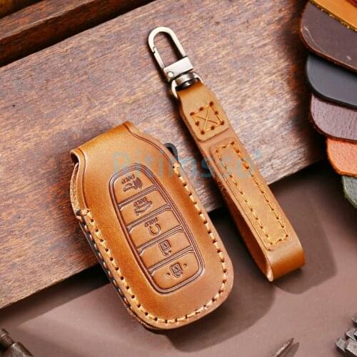 Leather Car Key Case For Hyundai Kona Azera Grandeur IG Santa Fe I30 IX35 Elantra Remote Fob Cover Keychain Bag Auto Accessories