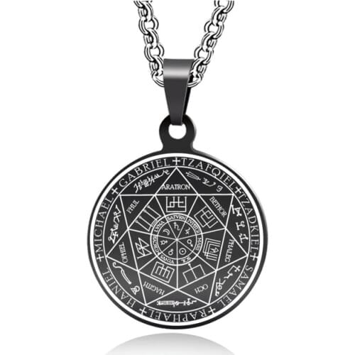 Religious Scripture Seven Angels Seal Tag Rune Pendant Stainless Steel Round Necklace Casual Sporty Beads Party Punk Vintage