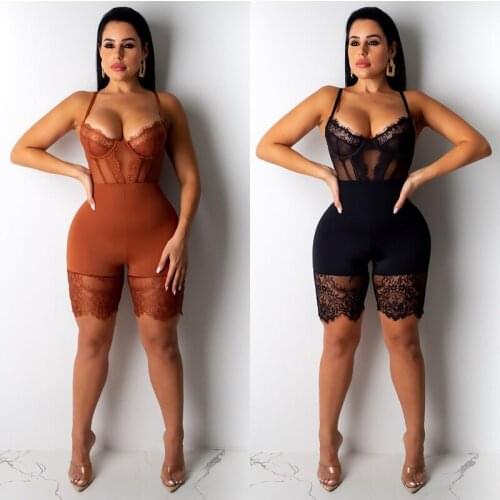 TNNAOFF Lace Mesh Sheer Womens Jumpsuit Shorts Sexy Spaghetti Strap Backless One Piece Club Night Party Rompers Bodycon Playsuit