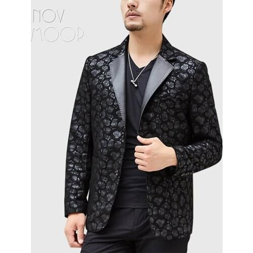 Novmoop Italy rose printed business man sheepskin genuine leather jacket with button decor chaqueta hombre veste homme LT2881