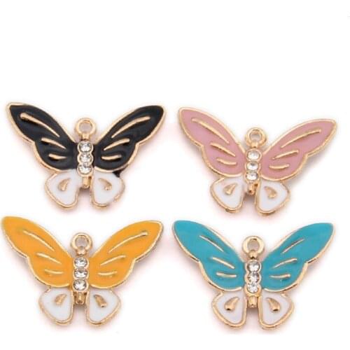 Mini Order 10pcs 19*21MM Crystal Rhinestone Paved Enamel Alloy Butterfly Pendant Charms Gold Tone Drop Oil Charms
