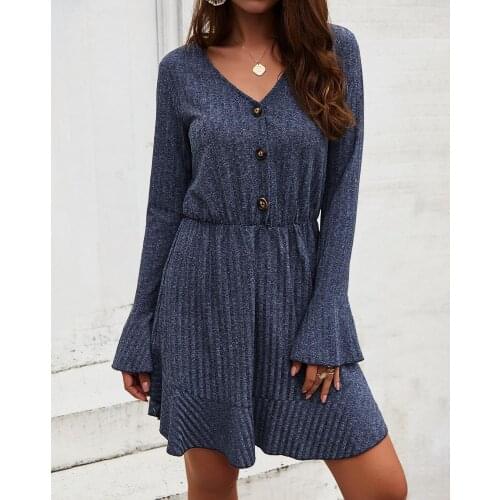 V-neck Fashion Flare Long Sleeve Casual Autumn Winter Dress Women V Neck Buttons Solid Mini A-Line Party Dress Solid