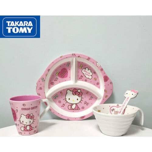 TAKARA TOMY Hello Kitty Melamine Imitation Porcelain Cartoon Tableware Set Childrens Grid Plate Handle Bowl