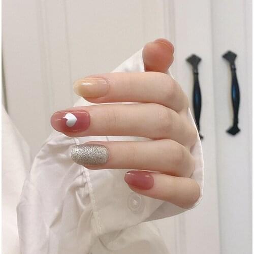 24pcs Fake Nails With Glue Short Designs Style Round Head Bean Paste Powder Love False Nails Finished Nail Stickers For Girls DL