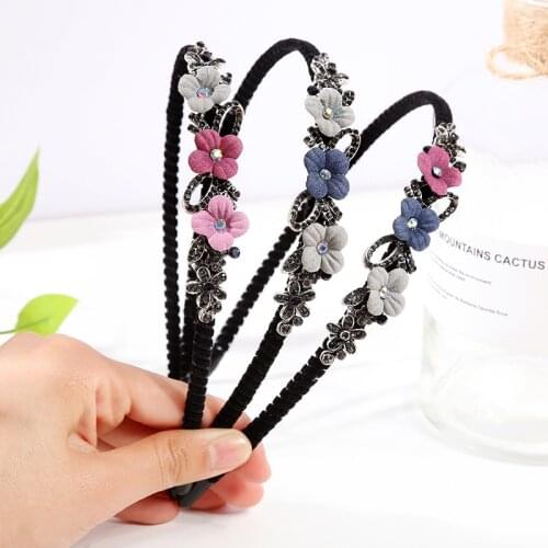 Korean Flower Rhinestone Headband Vintage Anti-skid Alloy Jewelry Festival Kawaii Hair Accessories for Women Cute Girls