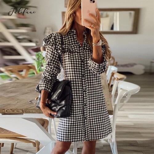 Houndstooth Shirt Dress Spring Casual Long Sleeve Lapel Single Breasted Lady Mini Dresses 2021 Women Fashion Plaid Streetwear