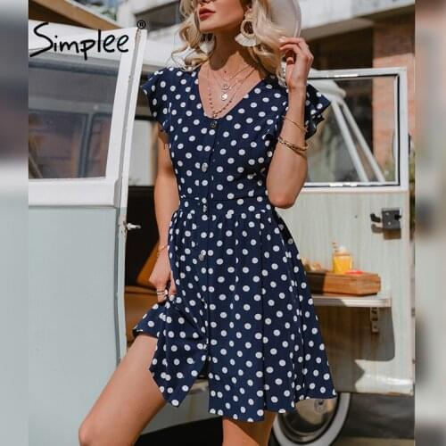 Simplee Fashion polka dot women dress summer Button v-neck ruffle sleeveless casual shirt dresses A-line vintage spring dress