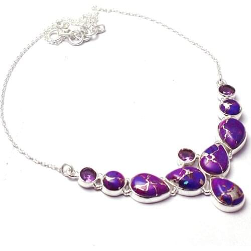Genuine Purple Copper Turquoise + Amethyst Necklace 925 Sterling Silver, 45 cm, MHBNE0214