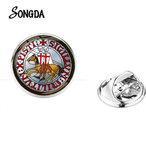Vintage Knights Templar Brooch Crusaders Solomons Masonic Sign Glass Stainless Brooches Collar Pins Classic Cross Badges