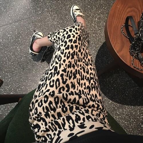 TingYiLi Leopard Skirt Long Pencil Skirt With Slit High Waist Knitted Bodycon Sexy Skirt