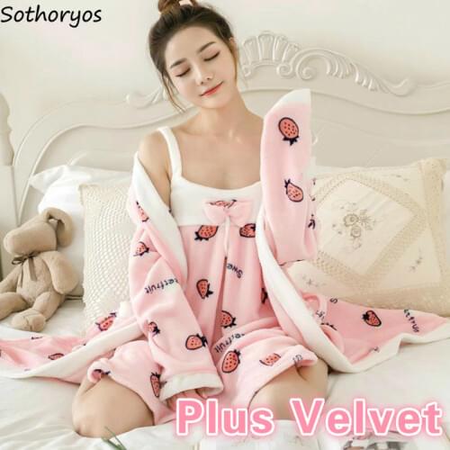 Robes Gown Sets Printed Bow Winter Flannel Sexy Long Sleeve Cute Kawaii Womens Nightdress Robe Colorful Elegant Homewear Ulzzang