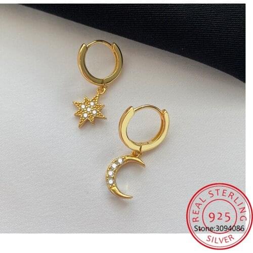 925 Sterling Silver Earrings Asymmetry Delicate Moon Star CZ Stud Earrings for Women Fashion Jewelry Christmas Earring Gift