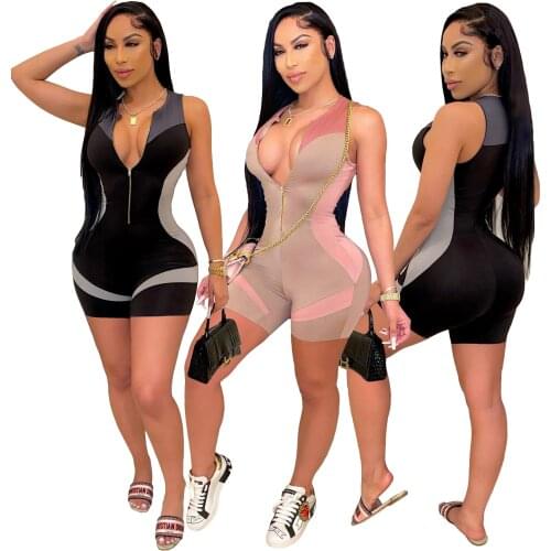 Sexy Lady Fitness Playsuit Patchwork Sleeveless Zipper Up Deep V Neck Bodycon Jumpsuit Women Summer Active Outfit Sport Rompers