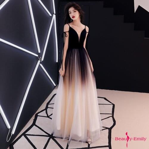 2019 Sling Strapless V Neck Evening Dresses Long Black Gradient Color Elegant Formal Party Dress Sleeveless Open Back Prom Gowns