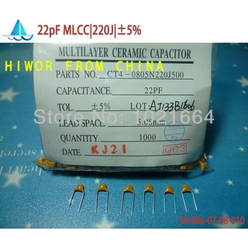 1000pcs/lot)(Capacitors|MLCC) 22pF 220J 50V Leaded Multilayer Monolithic Ceramic Capacitor, pitch:5.08MM, TOL:5