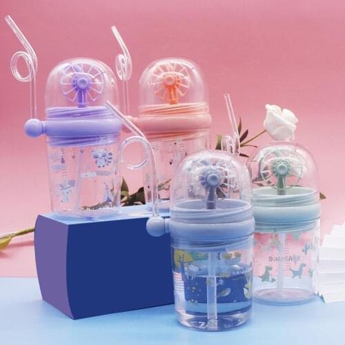 250ml Kids Cartoon Cute Water Bottle Print Windmill Baby Feeding Bottle Drinking Cup with Straw