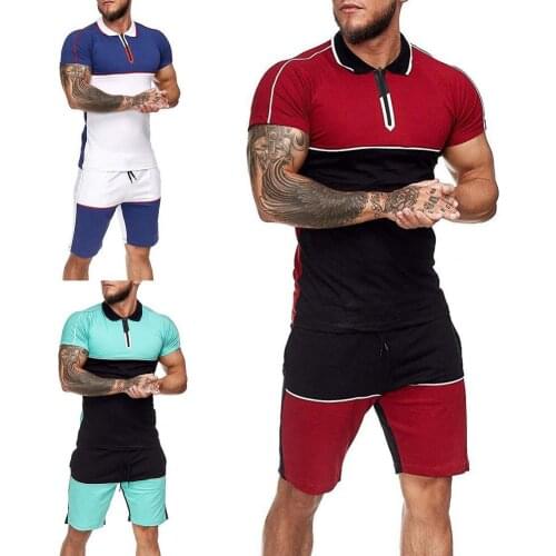 50% Hot Sales!!! Men Tracksuit Set Color Block Lapel Summer Skinny Short Sleeve Shirt for Sports
