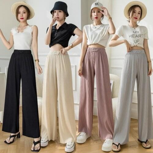 New Summer Thin Ice Silk Wide-Leg Pants Drape Straight-Leg Pants High-Waist Loose Casual Women Pants Women Trouser