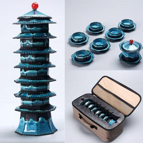 Unique Design Tea Sets 6Cups+1Gaiwan Eight Treasure Tower Travel Tea Set Temmoku Glaze Porcelain Exquisite Set Kung Fu Tea Mug