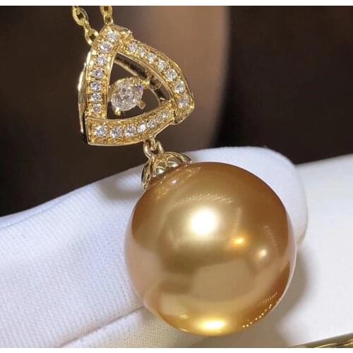 D408 Pearl Pendant Fine Jewelry Solid 18k Gold Diamonds Round Natural 13-14mm Ocean Sea Water Golden Pearls Pendants Necklaces