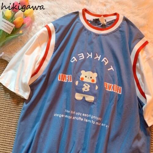 Hikigawa Graphic Tees Female Japan Student Kawaii T-shirt Bear Cartoon Cute Tshirt Fashion Fake Two Piece Tops Oversize T Shirt